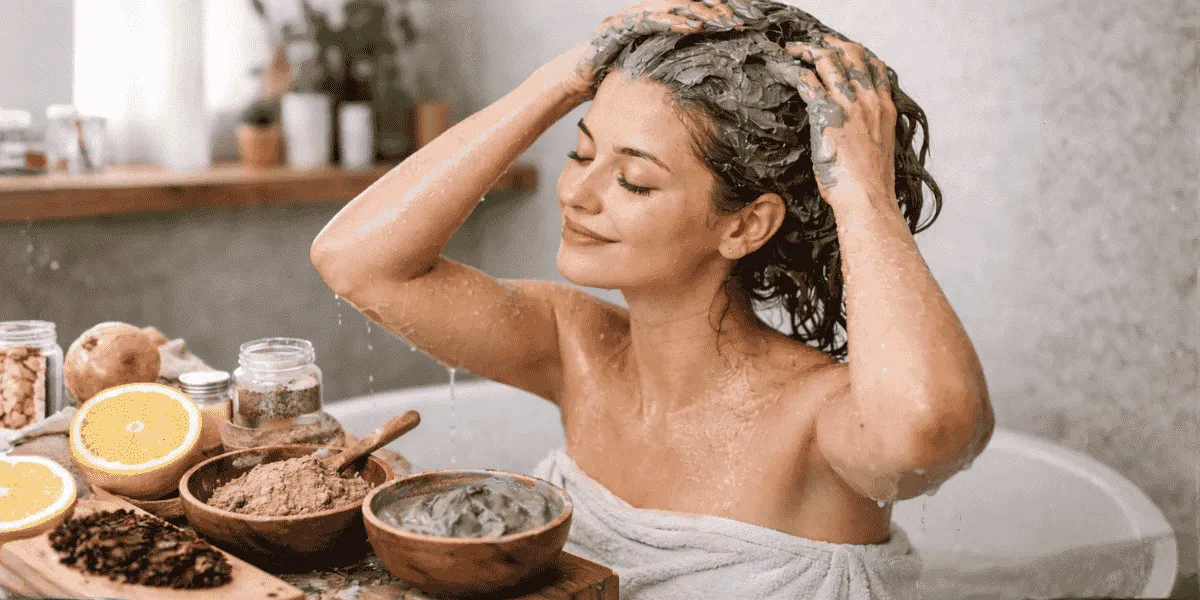 Donna che lava i capelli con argilla cosmetica come alternativa naturale allo shampoo tradizionale
