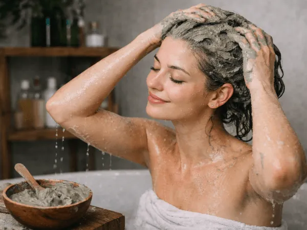 Ragazza che lava i capelli con argilla cosmetica ghassoul come alternativa naturale allo shampoo