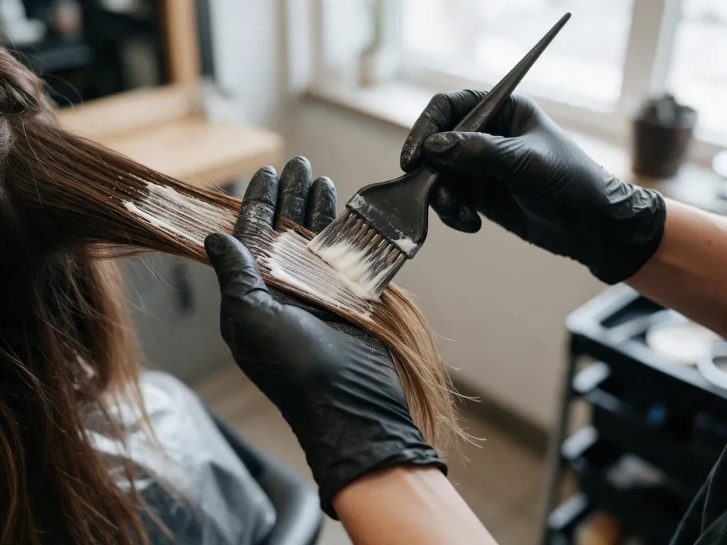 Mani con guanti neri che applicano il decolorante con un pennello su una ciocca di capelli castani