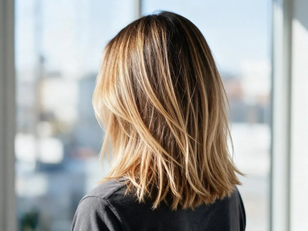 Capelli castani chiari con balayage miele visti da dietro vicino a una finestra luminosa