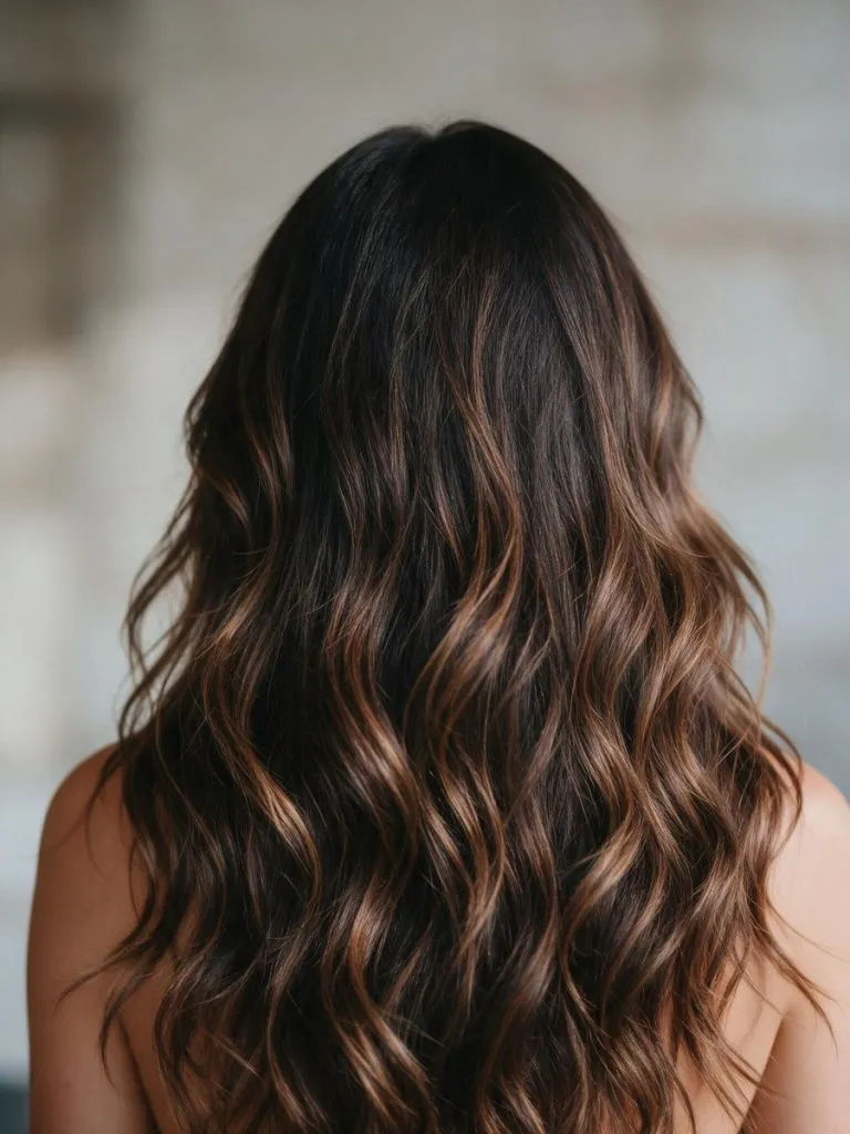 Capelli lunghi ondulati castano scuro con balayage caramello visti da dietro