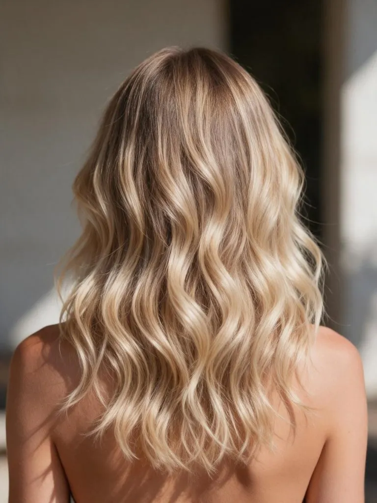 Onde morbide con balayage biondo miele viste da dietro