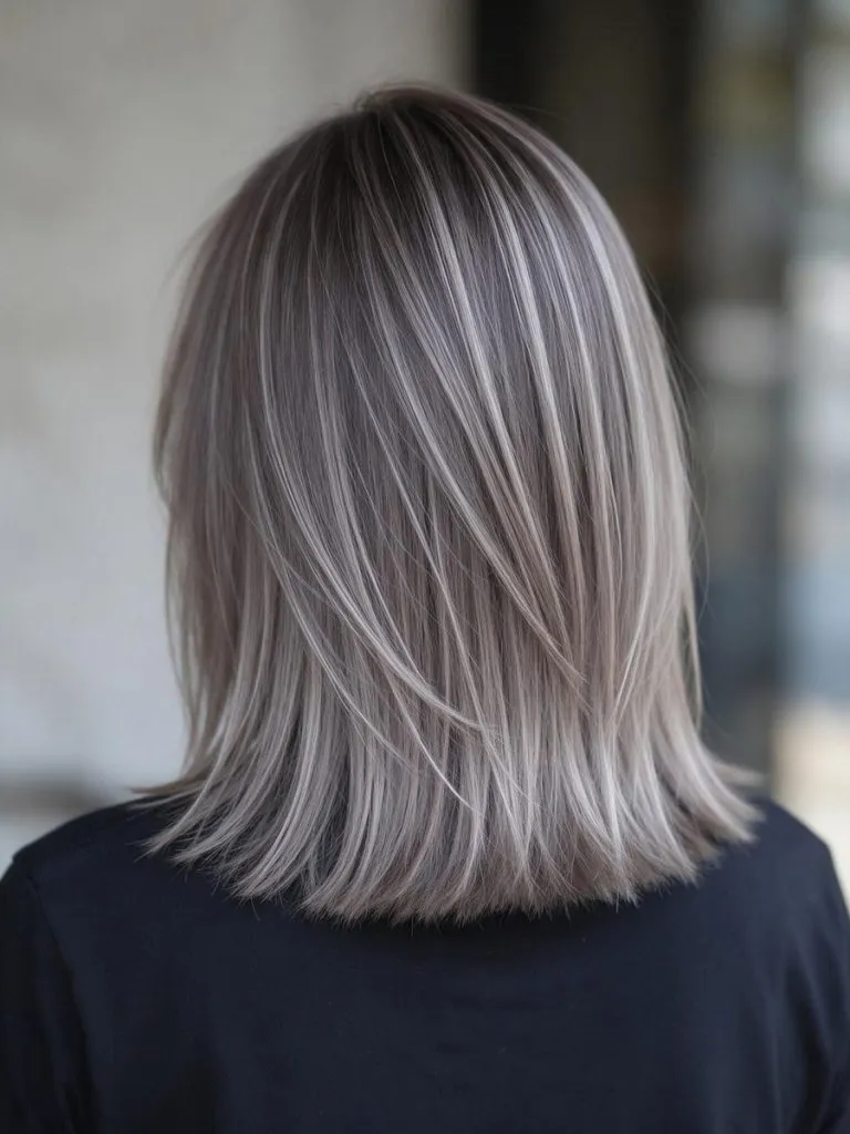Capelli lisci castano cenere con balayage argentato visti da dietro