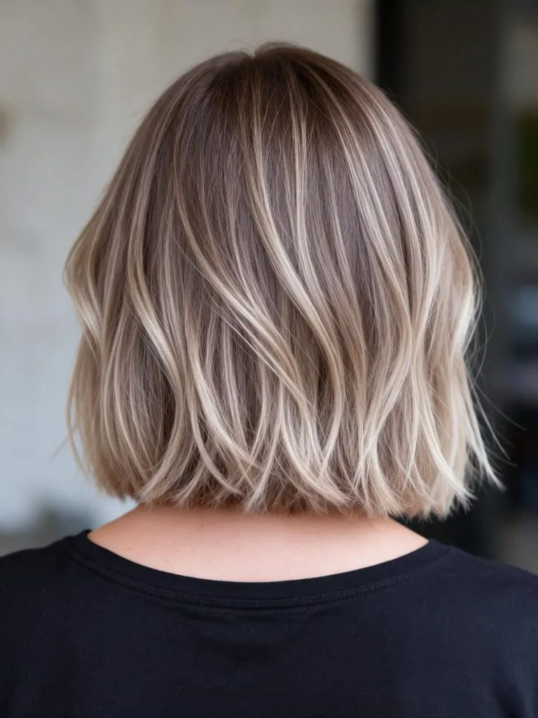 Lob con balayage beige e castano freddo visto da dietro