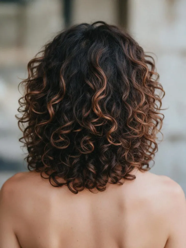 Capelli ricci castani con balayage cannella visti da dietro