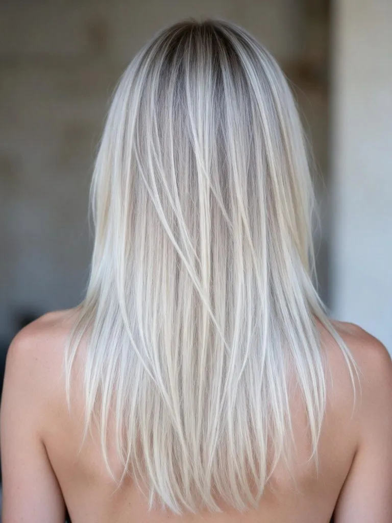 Capelli lunghi lisci con balayage biondo ghiaccio visti da dietro