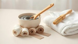 Bende arrotolate, una ciotola di fango d'argilla con pennello di legno e un asciugamano bianco piegato.