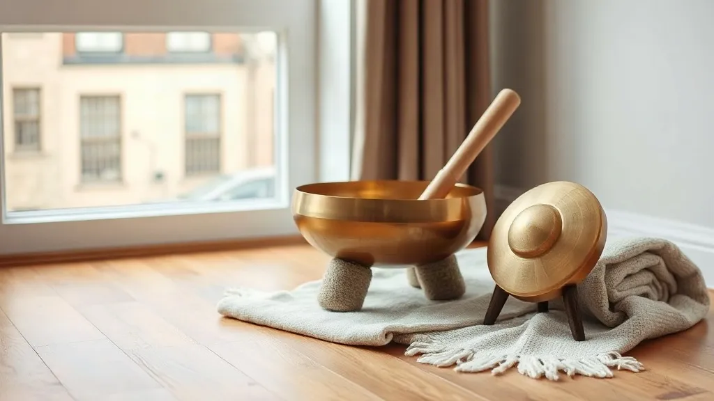 Una campana tibetana in ottone con il battente di legno, un piccolo gong e una coperta di lana piegata.