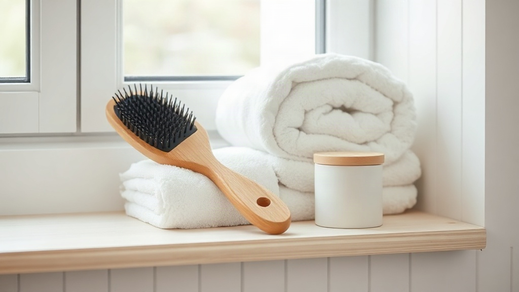 Spazzola per capelli, asciugamano bianco e vasetto di maschera su una mensola chiara.