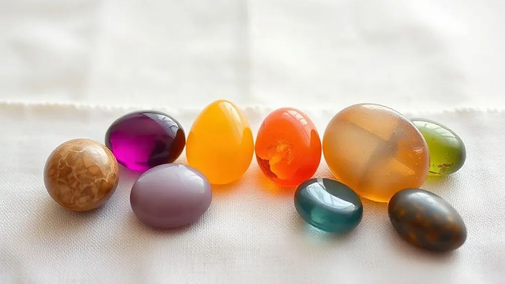 Sette pietre levigate di colori diversi allineate su un panno di lino chiaro.