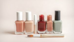 Flaconi di smalto in tonalità nude, rosa, bordeaux e verde salvia su sfondo chiaro.