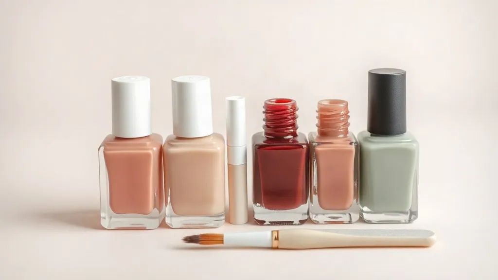 Flaconi di smalto in tonalità nude, rosa, bordeaux e verde salvia su sfondo chiaro.