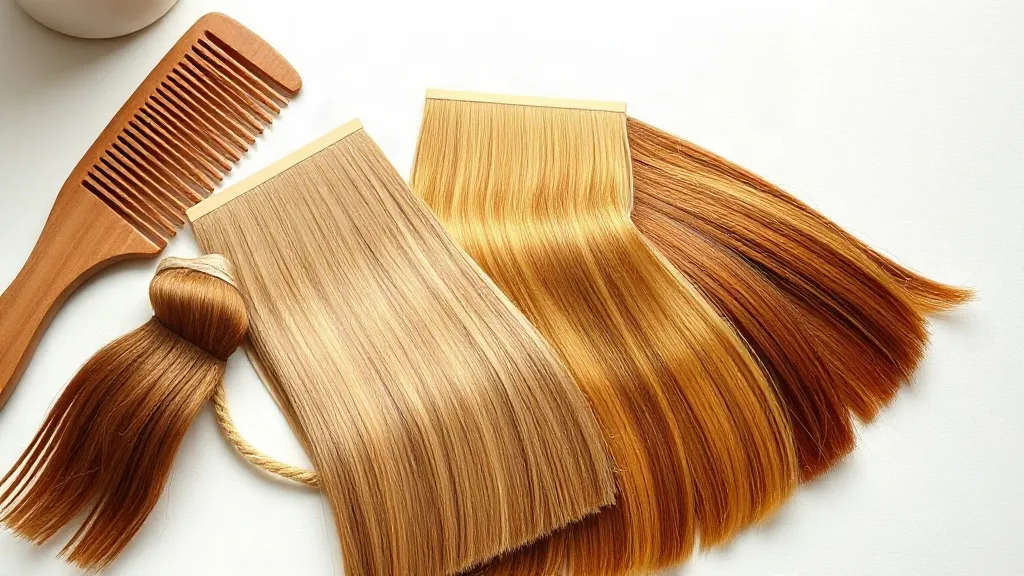 Campioni di colore per capelli in castano, biondo miele e rame accanto a un pettine di legno.