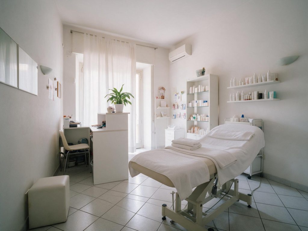 Cabina di un centro estetico ordinata, con lettino, asciugamani, strumenti per manicure e un quaderno degli appuntamenti