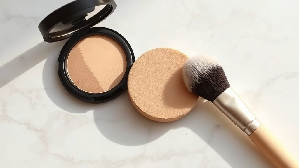 Prodotti per contouring in crema e polvere con pennello e spugnetta su una superficie chiara