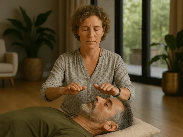 Pranoterapeuta che pratica un trattamento energetico senza contatto, mostrando come funziona la pranoterapia attraverso l’uso delle mani.