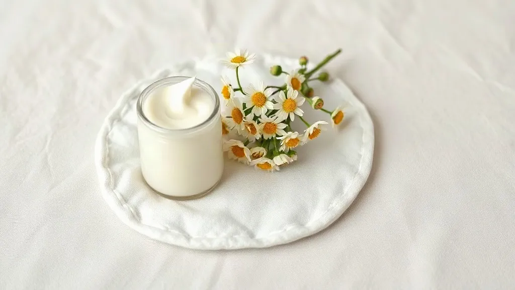 Dischetto di cotone, vasetto di crema lenitiva e camomilla su un panno chiaro.