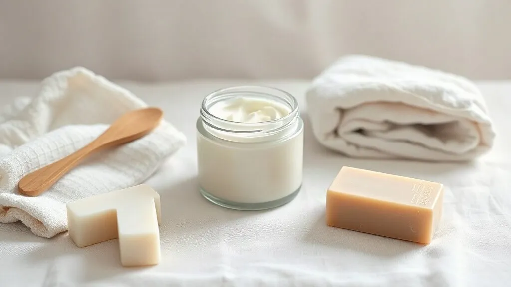 Vasetto aperto di crema corpo con spatola di legno, asciugamano di cotone e saponetta su un piano chiaro.