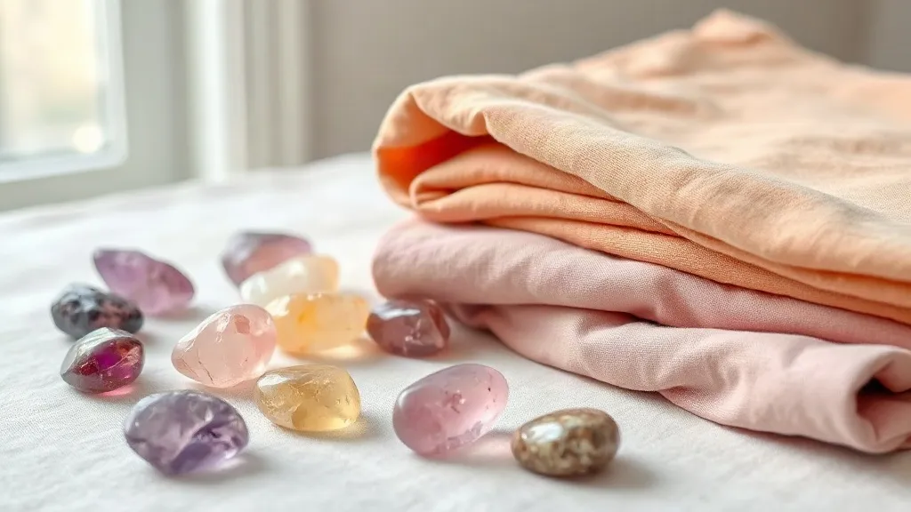 Pietre levigate di ametista, quarzo rosa e citrino accanto a teli di cotone colorati su un panno di lino.