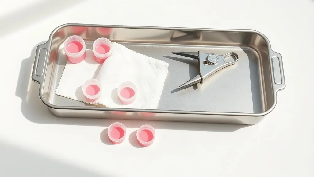 Vassoio sterile con dermografo, coppette di pigmento e dischetti di cotone