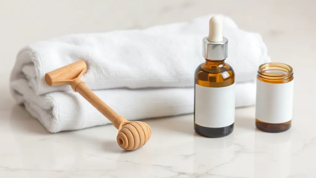 Rullo da massaggio in legno, asciugamano di cotone piegato e flacone di olio per il viso su un piano chiaro.