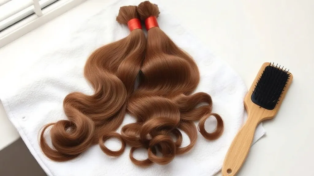 Tre ciocche di extension castane con clip su un asciugamano bianco accanto a una spazzola di legno.