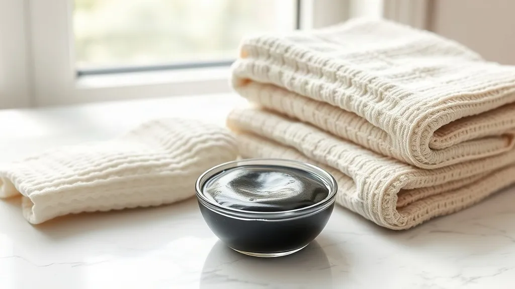 Sapone morbido scuro in una ciotola, un guanto esfoliante e un asciugamano di cotone su una superficie di marmo bianco.