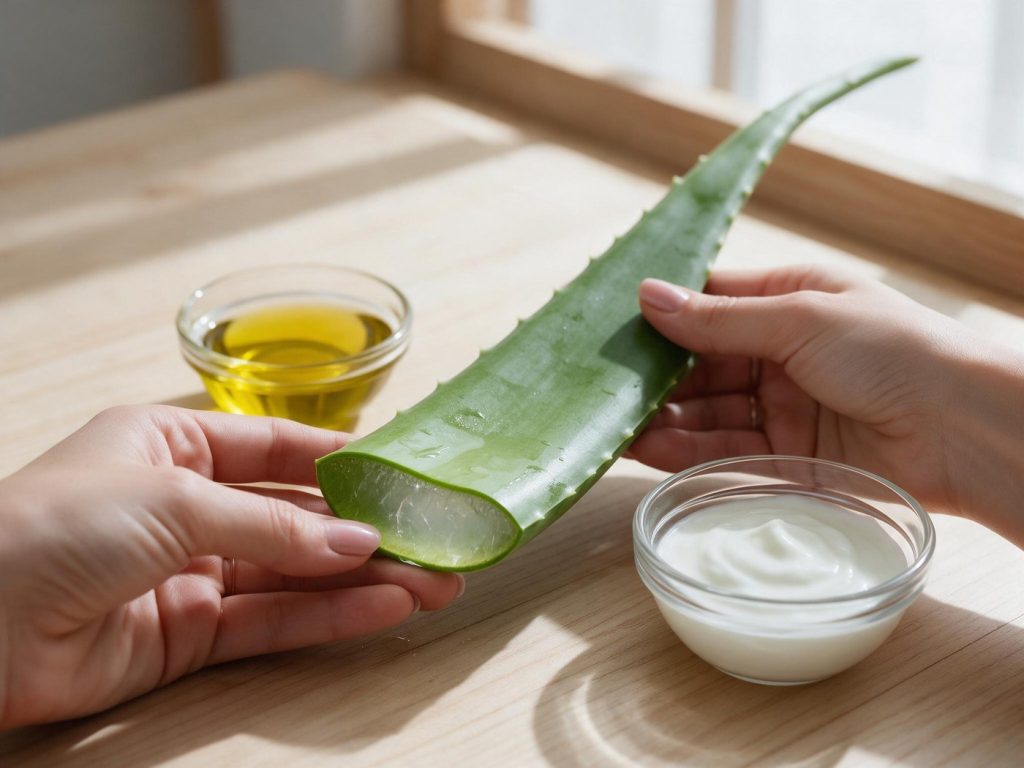 Olio di mandorle, foglia di aloe, yogurt, tè verde e petali di rosa su un piano chiaro.