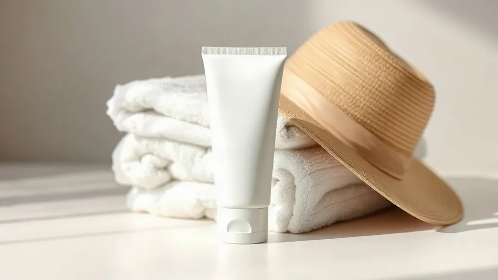 Tubetto di crema idratante, asciugamano bianco e cappello di paglia su una superficie chiara.