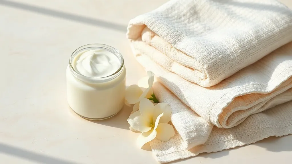 Vasetto di crema, asciugamano di cotone e fiori chiari su una superficie di pietra chiara.