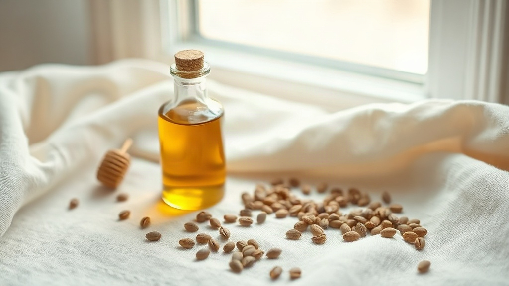 Flacone di vetro con olio dorato e semi di jojoba su un panno chiaro.