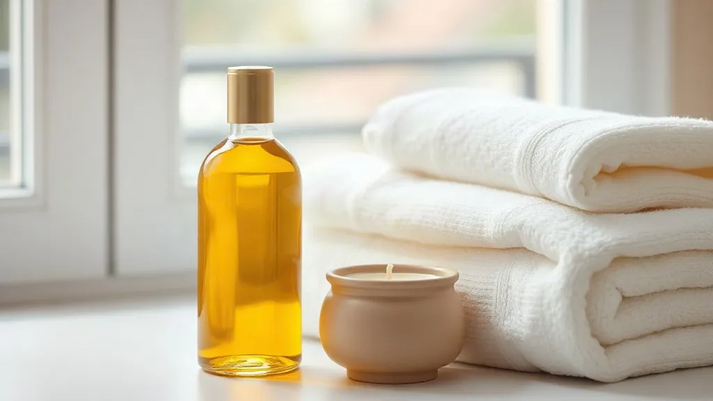 Una bottiglietta di olio da massaggio accanto a una candela cosmetica e a un asciugamano bianco.