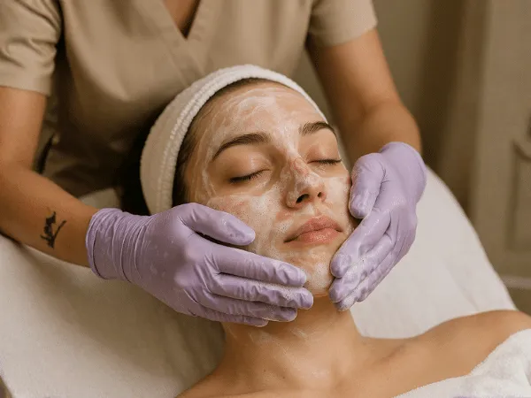 estetista effettua massaggio viso con detergente schiumoso durante pulizia viso professionale