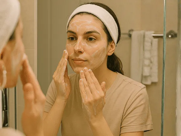 donna applica detergente viso davanti allo specchio durante routine di pulizia viso fai da te