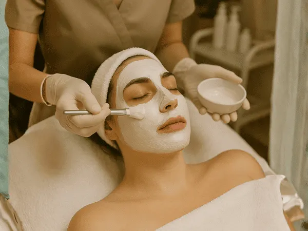 estetista applica maschera viso bianca con pennello durante trattamento di pulizia viso professionale