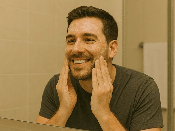 uomo si deterge il viso davanti allo specchio durante trattamento di pulizia viso maschile