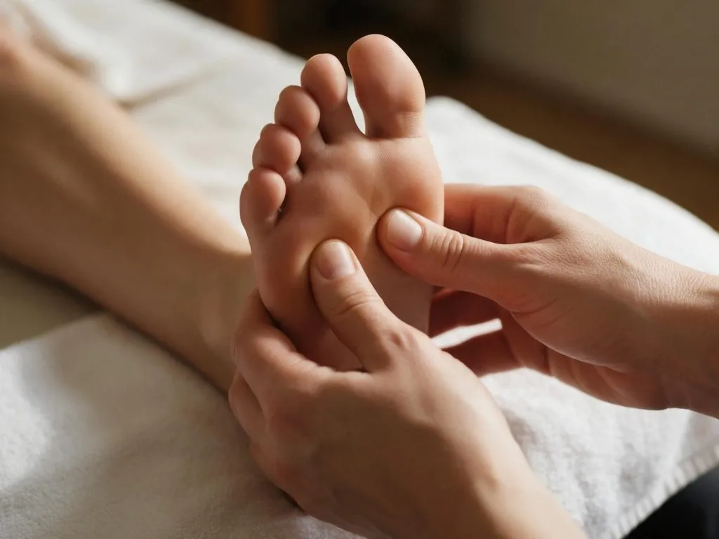 Strumenti in legno per il massaggio del piede, una ciotola di olio e un asciugamano bianco piegato.