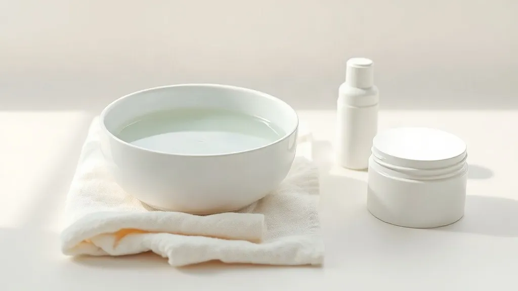 Ciotola di acqua tiepida, panno di cotone e vasetto di crema su una superficie chiara.