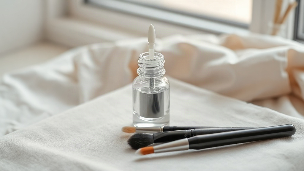 Flacone di siero con pennellino applicatore appoggiato su un tessuto chiaro