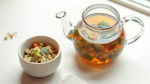 Una teiera di vetro con tisana, fiori secchi di camomilla e foglie di menta su un tavolo chiaro.