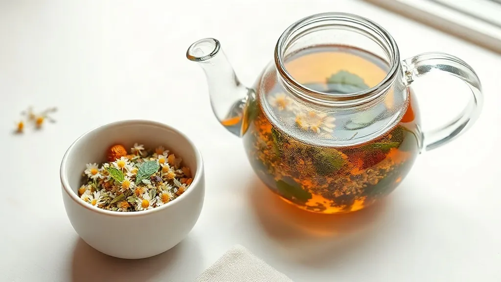 Una teiera di vetro con tisana, fiori secchi di camomilla e foglie di menta su un tavolo chiaro.