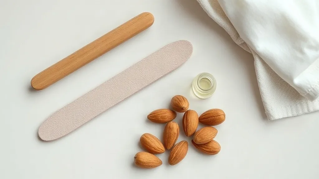 Lima per unghie, olio per cuticole e mandorle su un piano chiaro.
